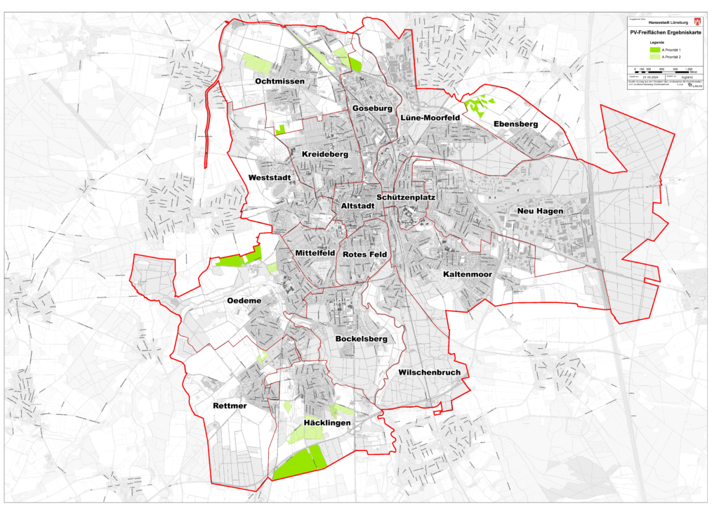 Auf einem Kartenausschnitt der Hansestadt Lüneburg werden Photovoltaik-Freiflächen dargestellt. Dies ist eine Ergebniskarte aus dem entsprechenden Standortkonzept.